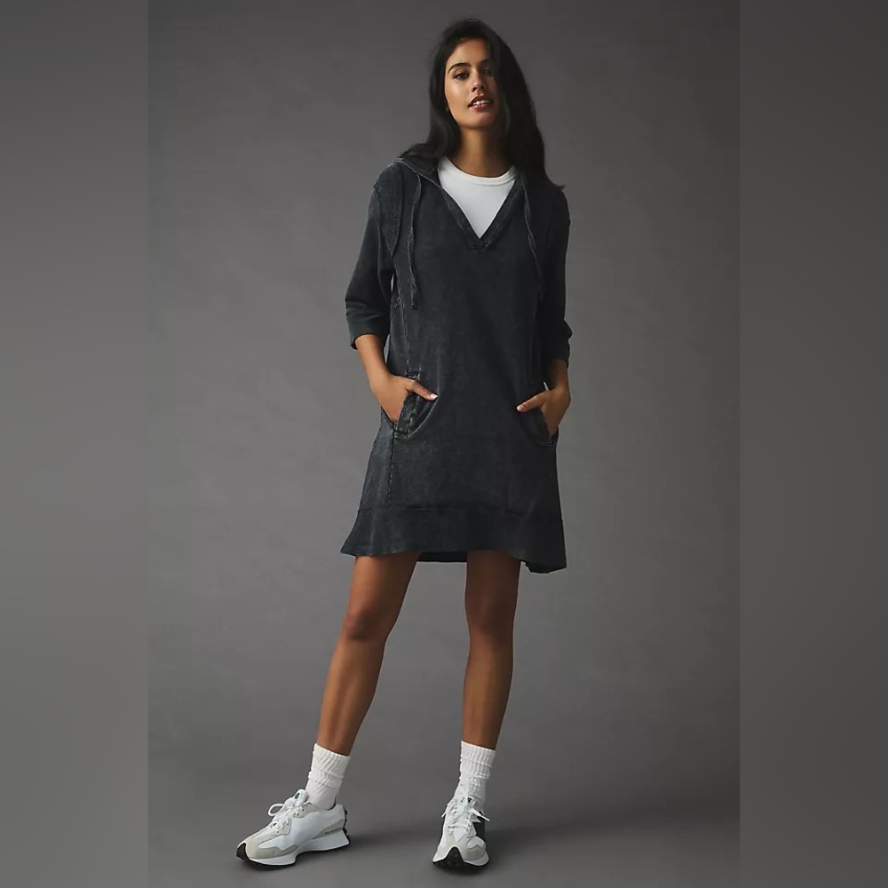 Anthropologie Daily Practice Sport Hoodie Mini Dress Sweatshirt Black Sz Medium